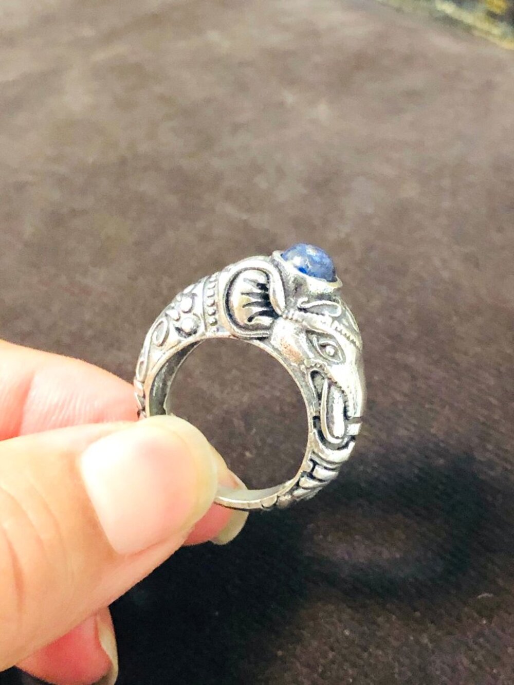 Elephant Ring in Silver Tone Brass with Light Blue Lapis Lazuli Size 7